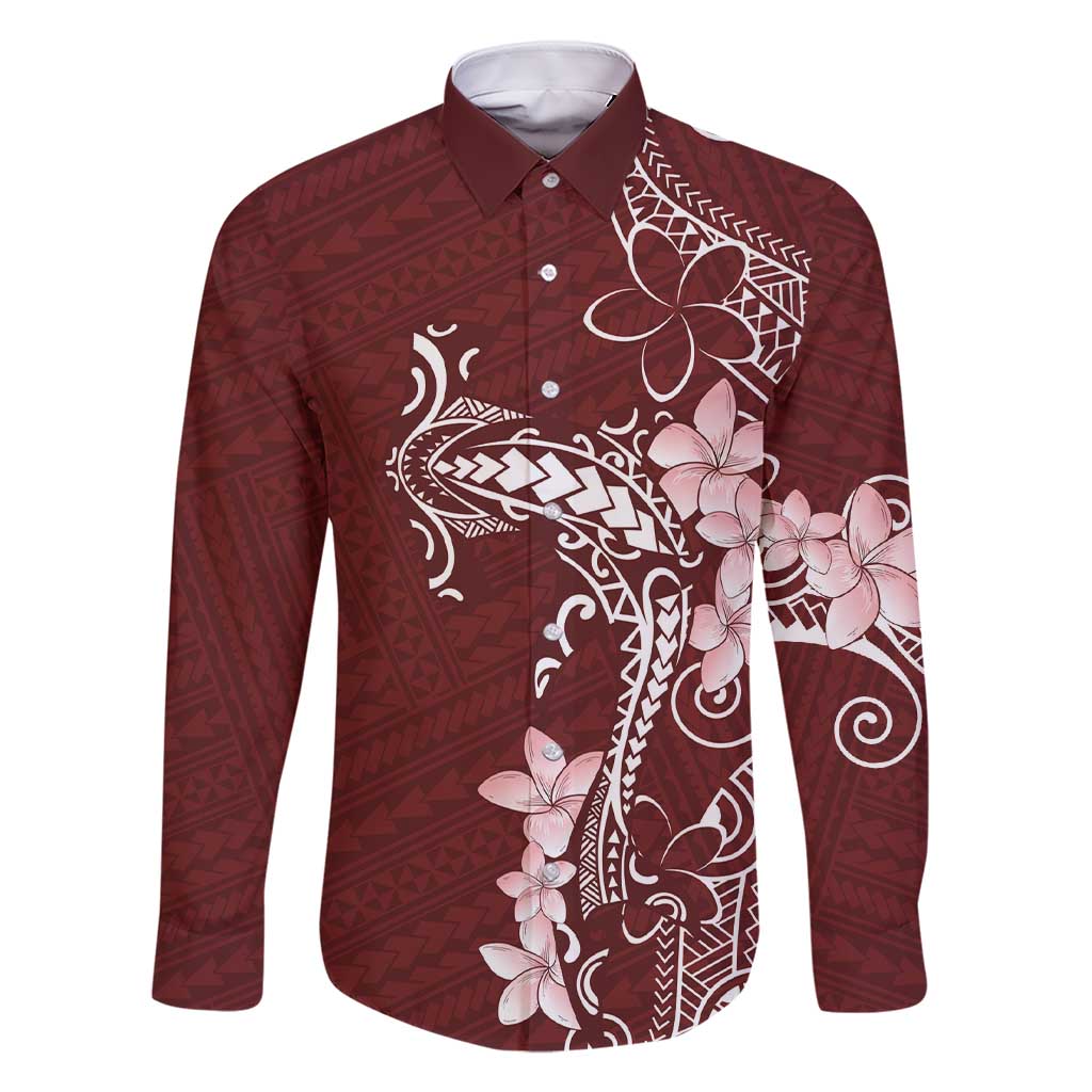 Oxblood Hawaii Family Matching Short Sleeve Bodycon Dress and Hawaiian Shirt Hammerhead Shark Tattoo Curve Polynesian LT14 Dad's Shirt - Long Sleeve Oxblood - Polynesian Pride