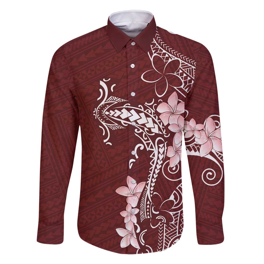 Oxblood Hawaii Family Matching Tank Maxi Dress and Hawaiian Shirt Hammerhead Shark Tattoo Curve Polynesian LT14 Dad's Shirt - Long Sleeve Oxblood - Polynesian Pride