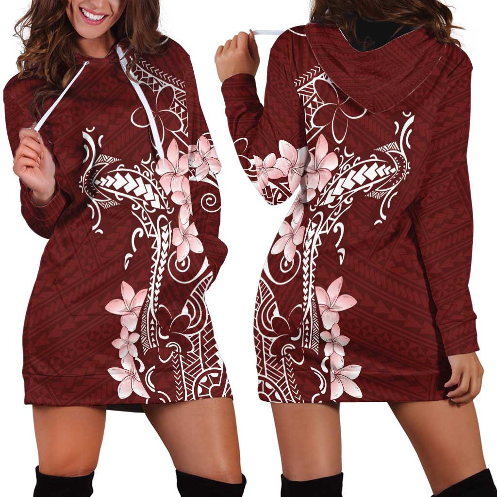 Oxblood Hawaii Hoodie Dress Hammerhead Shark Tattoo Curve Polynesian - Polynesian Pride
