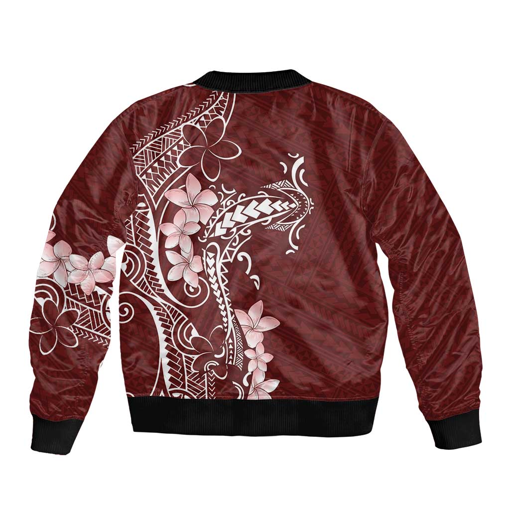 Oxblood Hawaii Sleeve Zip Bomber Jacket Hammerhead Shark Tattoo Curve Polynesian - Polynesian Pride