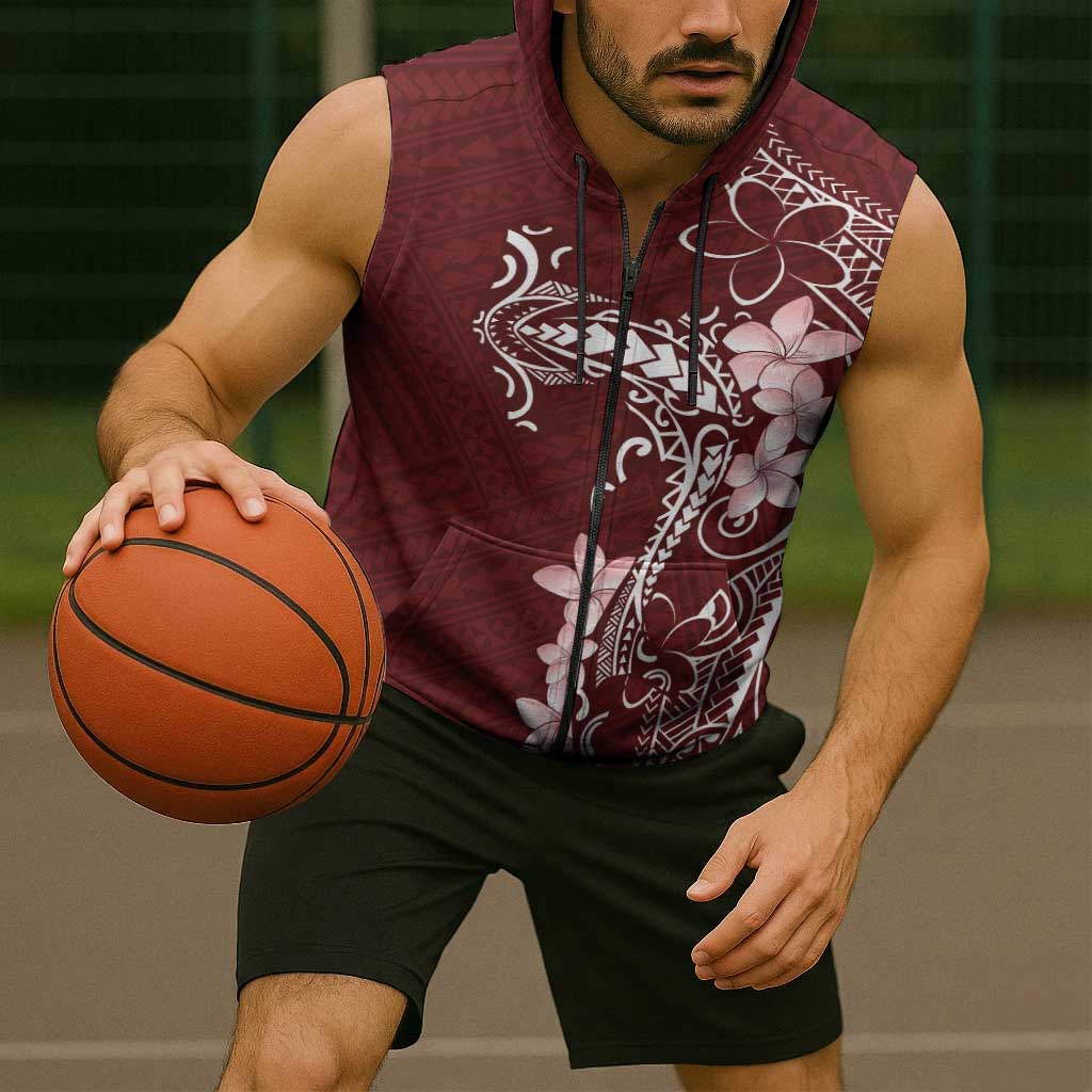 Oxblood Hawaii Sleeveless Zip Hoodie Hammerhead Shark Tattoo Curve Polynesian - Polynesian Pride