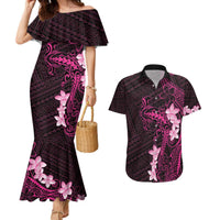 Pink Hawaii Couples Matching Mermaid Dress and Hawaiian Shirt Hammerhead Shark Tattoo Curve Polynesian - Polynesian Pride