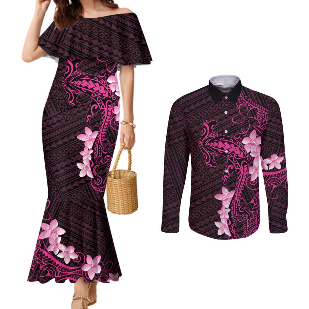 Pink Hawaii Couples Matching Mermaid Dress and Long Sleeve Button Shirt Hammerhead Shark Tattoo Curve Polynesian - Polynesian Pride