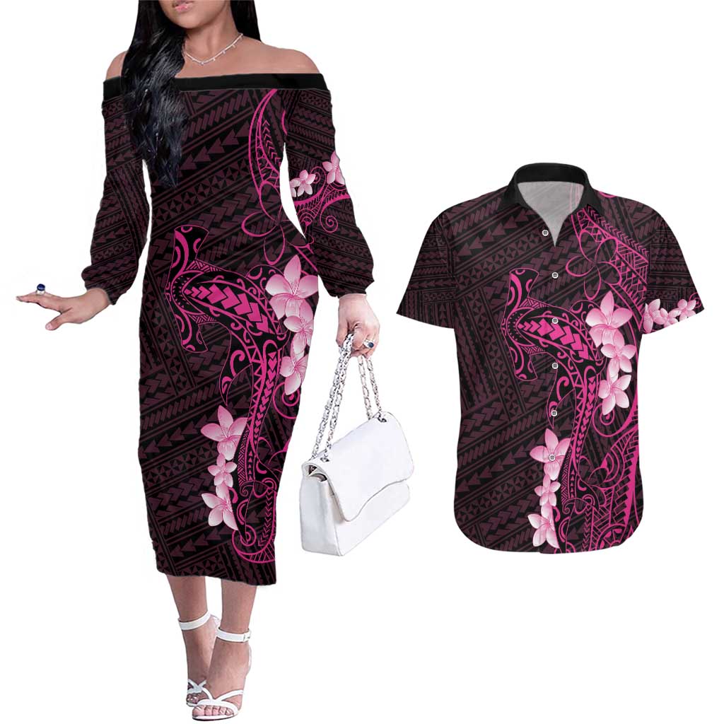 Pink Hawaii Couples Matching Off The Shoulder Long Sleeve Dress and Hawaiian Shirt Hammerhead Shark Tattoo Curve Polynesian - Polynesian Pride