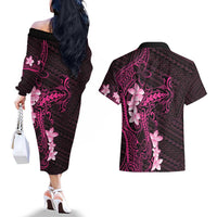 Pink Hawaii Couples Matching Off The Shoulder Long Sleeve Dress and Hawaiian Shirt Hammerhead Shark Tattoo Curve Polynesian - Polynesian Pride