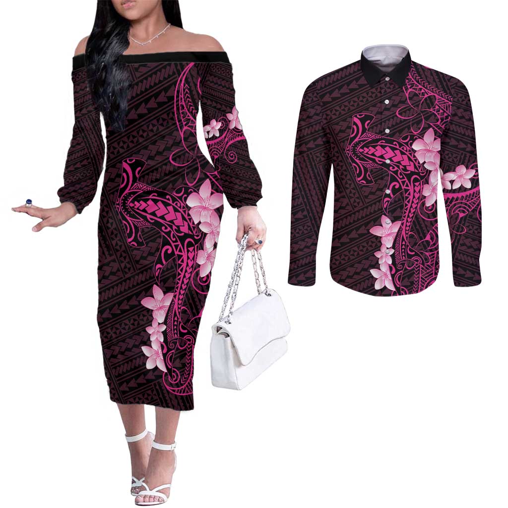 Pink Hawaii Couples Matching Off The Shoulder Long Sleeve Dress and Long Sleeve Button Shirt Hammerhead Shark Tattoo Curve Polynesian - Polynesian Pride