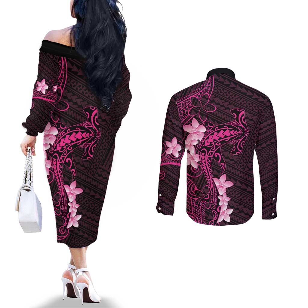 Pink Hawaii Couples Matching Off The Shoulder Long Sleeve Dress and Long Sleeve Button Shirt Hammerhead Shark Tattoo Curve Polynesian - Polynesian Pride