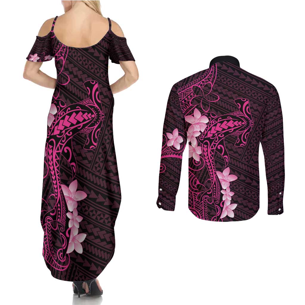 Pink Hawaii Couples Matching Summer Maxi Dress and Long Sleeve Button Shirt Hammerhead Shark Tattoo Curve Polynesian LT14 - Polynesian Pride