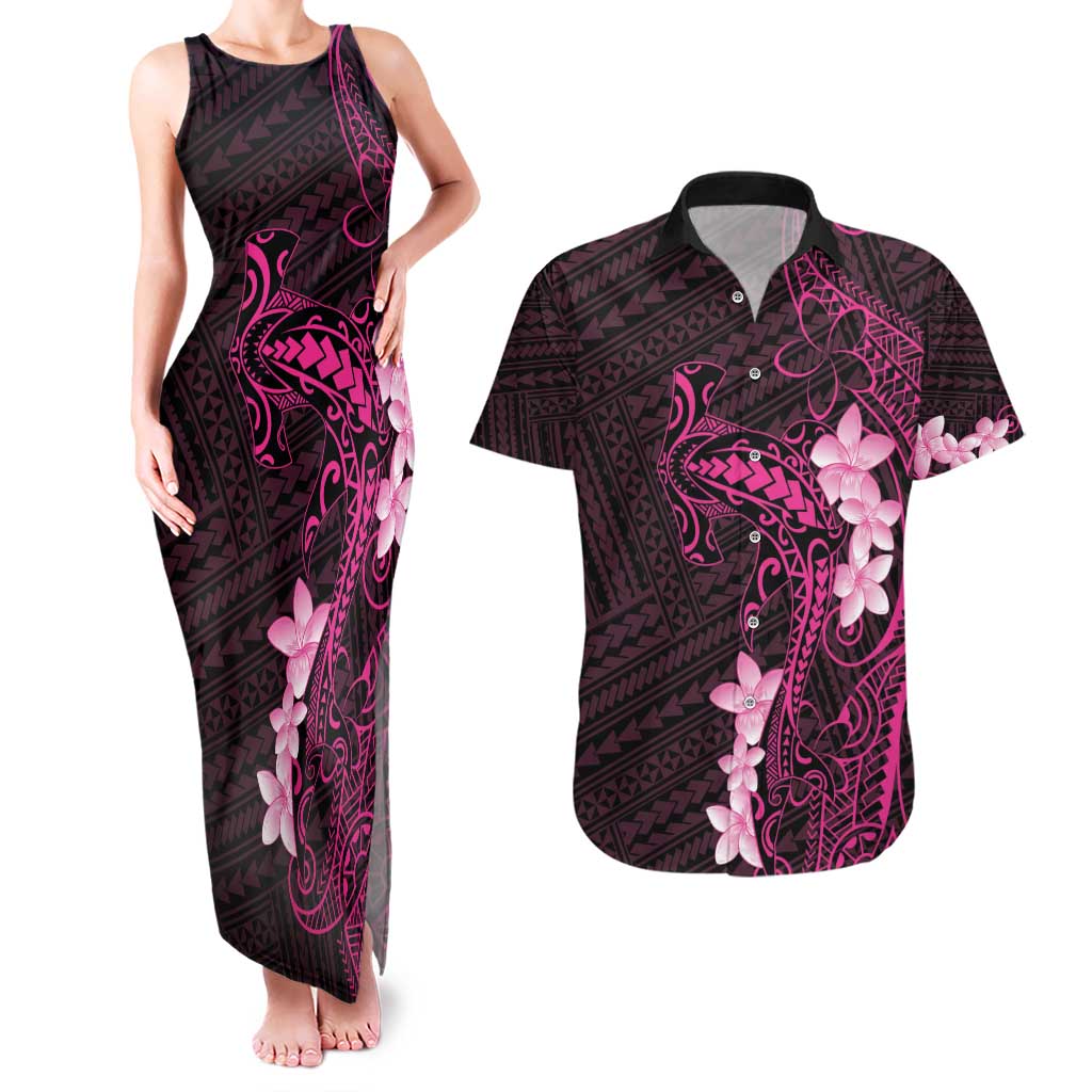 Pink Hawaii Couples Matching Tank Maxi Dress and Hawaiian Shirt Hammerhead Shark Tattoo Curve Polynesian - Polynesian Pride