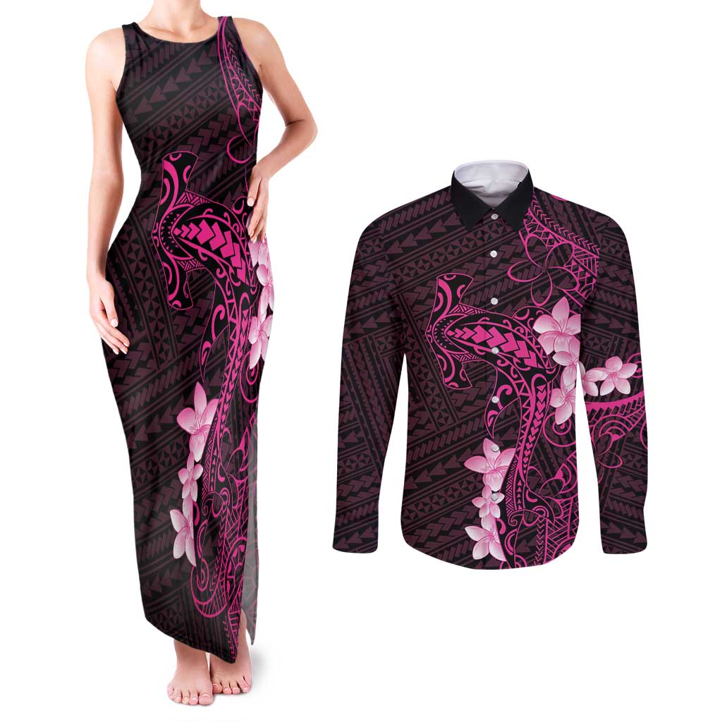 Pink Hawaii Couples Matching Tank Maxi Dress and Long Sleeve Button Shirt Hammerhead Shark Tattoo Curve Polynesian - Polynesian Pride
