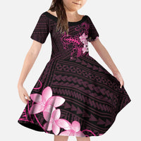 Pink Hawaii Family Matching Off The Shoulder Long Sleeve Dress and Hawaiian Shirt Hammerhead Shark Tattoo Curve Polynesian LT14 Daughter's Dress Pink - Polynesian Pride