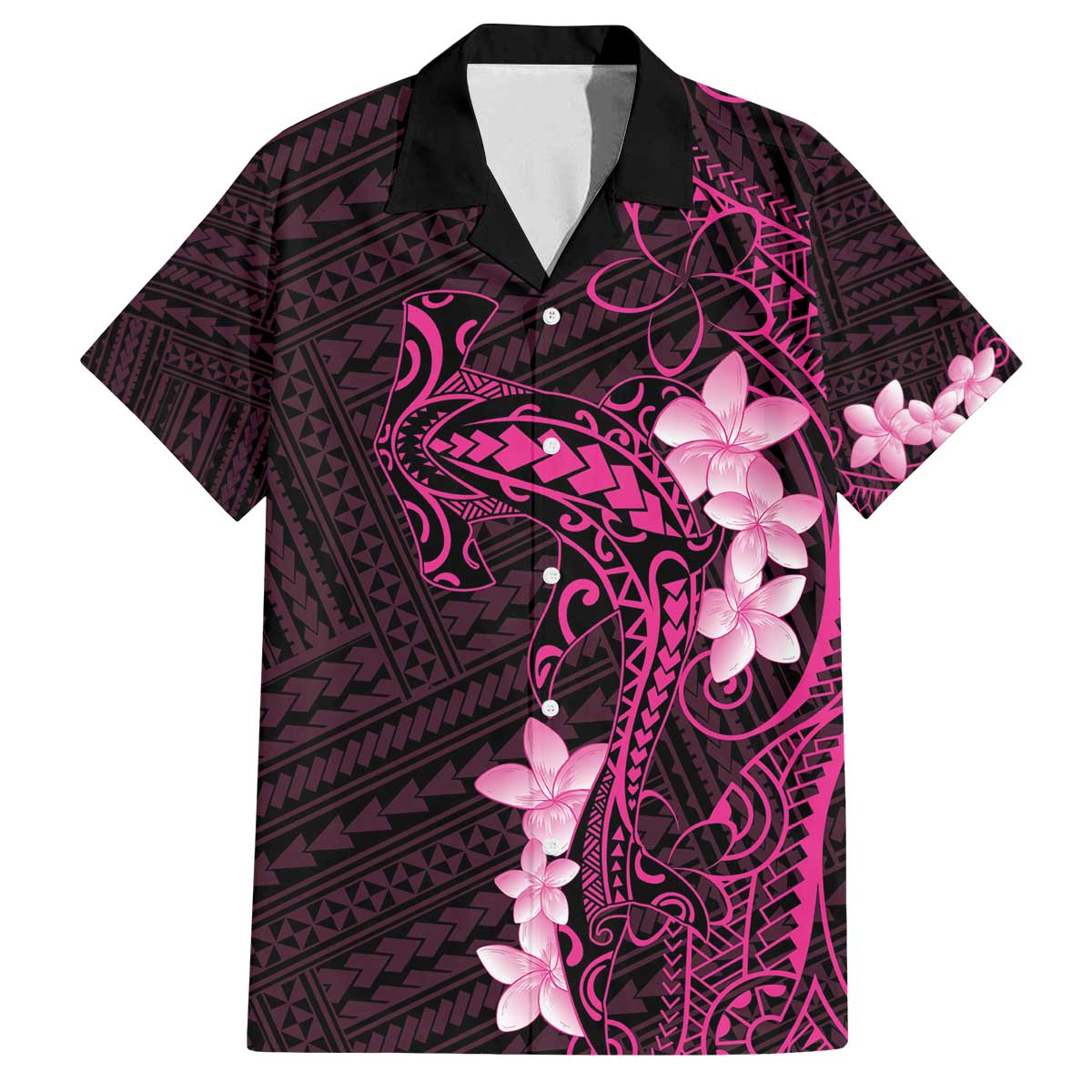 Pink Hawaii Family Matching Off The Shoulder Long Sleeve Dress and Hawaiian Shirt Hammerhead Shark Tattoo Curve Polynesian LT14 Dad's Shirt - Short Sleeve Pink - Polynesian Pride