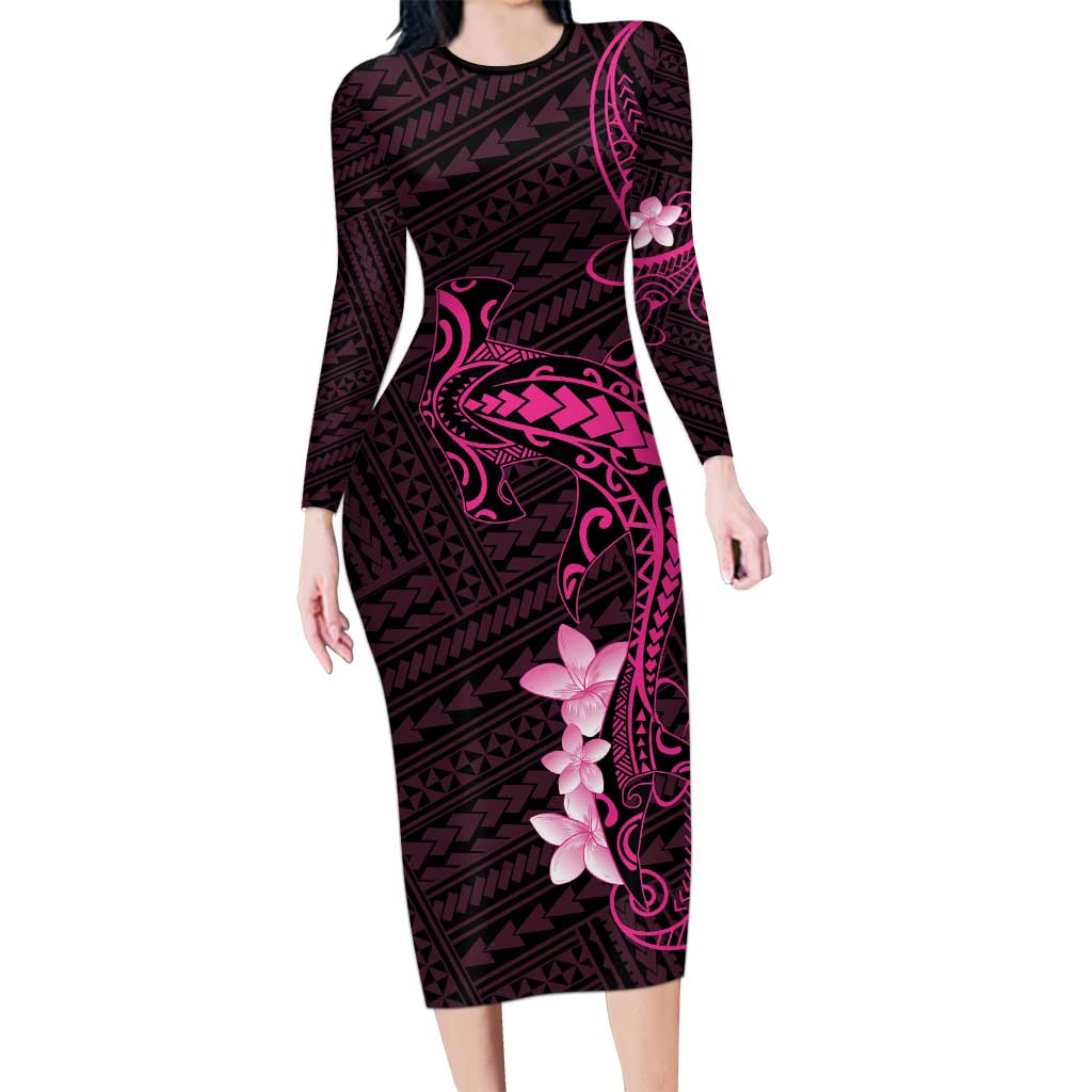 Pink Hawaii Long Sleeve Bodycon Dress Hammerhead Shark Tattoo Curve Polynesian LT14 Long Dress Pink - Polynesian Pride