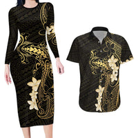 Black and Gold Hawaii Couples Matching Long Sleeve Bodycon Dress and Hawaiian Shirt Hammerhead Shark Tattoo Curve Polynesian LT14 Black - Polynesian Pride