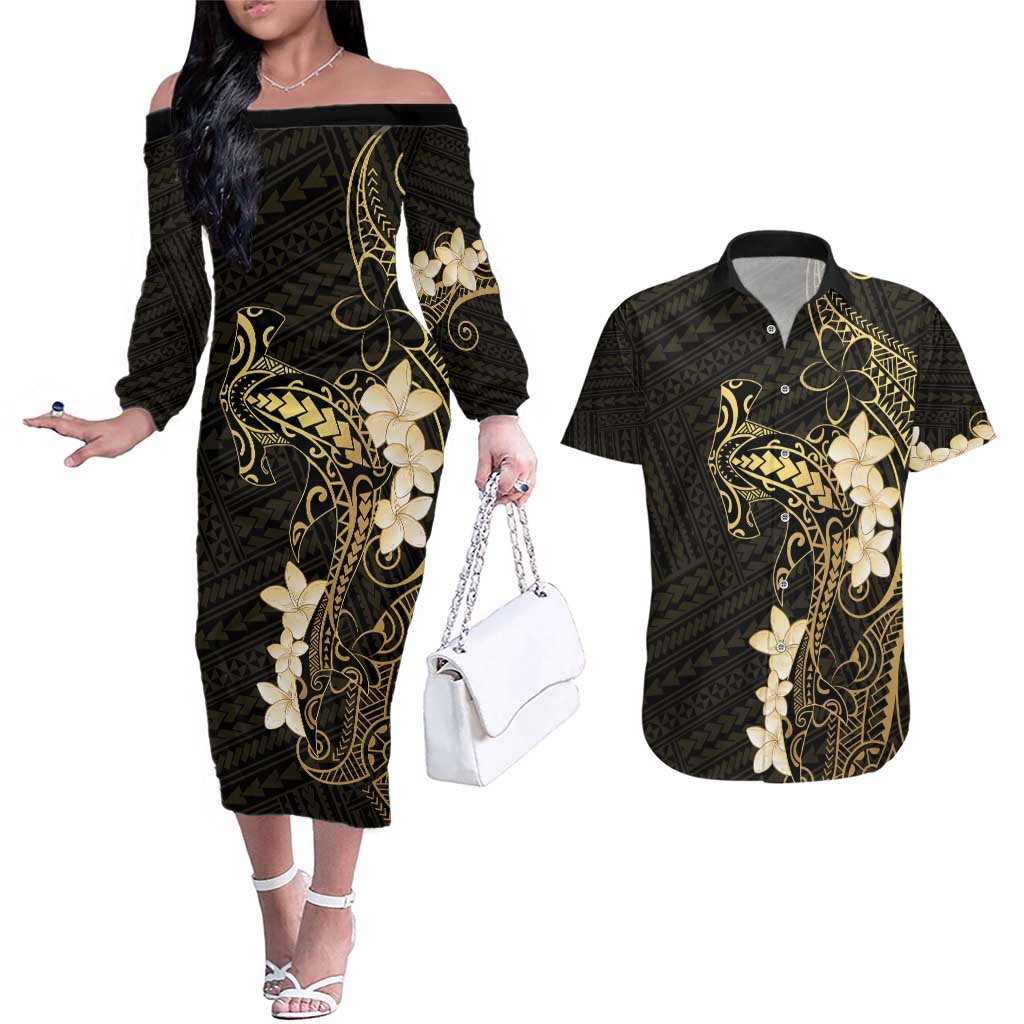 Black and Gold Hawaii Couples Matching Off The Shoulder Long Sleeve Dress and Hawaiian Shirt Hammerhead Shark Tattoo Curve Polynesian LT14 Black - Polynesian Pride