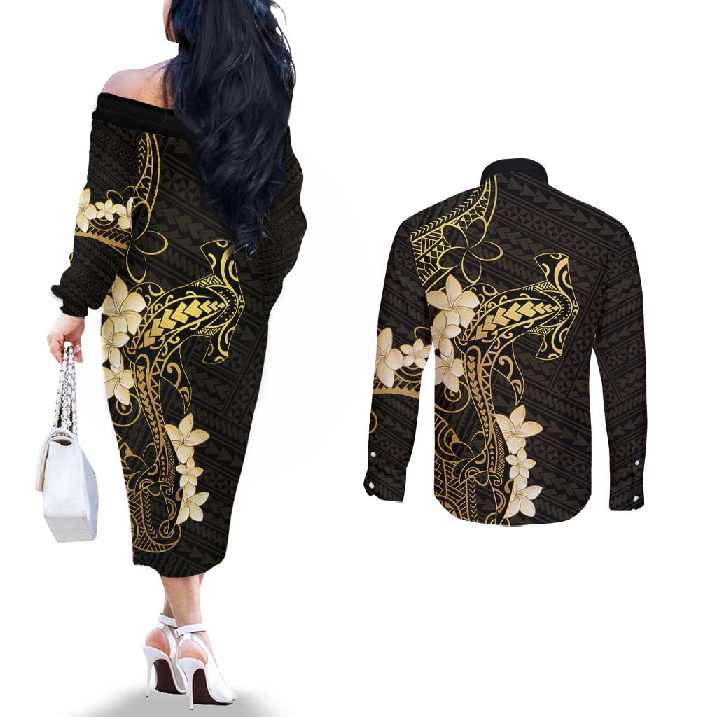 Black and Gold Hawaii Couples Matching Off The Shoulder Long Sleeve Dress and Long Sleeve Button Shirt Hammerhead Shark Tattoo Curve Polynesian - Polynesian Pride