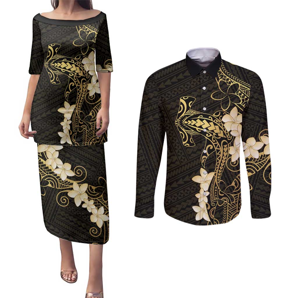 Black and Gold Hawaii Couples Matching Puletasi and Long Sleeve Button Shirt Hammerhead Shark Tattoo Curve Polynesian - Polynesian Pride