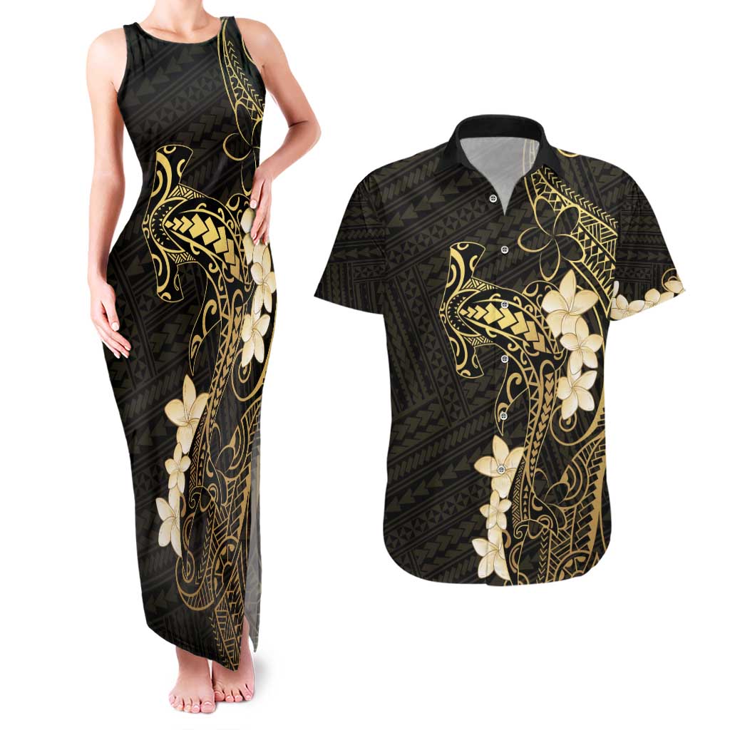 Black and Gold Hawaii Couples Matching Tank Maxi Dress and Hawaiian Shirt Hammerhead Shark Tattoo Curve Polynesian LT14 Black - Polynesian Pride