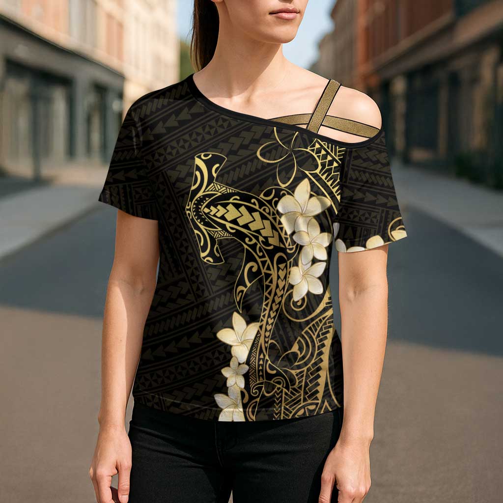Black and Gold Hawaii Cross Shoulder Shirt Hammerhead Shark Tattoo Curve Polynesian - Polynesian Pride