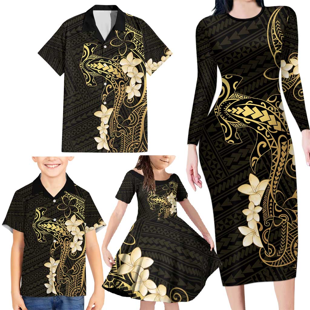 Black and Gold Hawaii Family Matching Long Sleeve Bodycon Dress and Hawaiian Shirt Hammerhead Shark Tattoo Curve Polynesian LT14 - Polynesian Pride