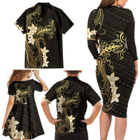 Black and Gold Hawaii Family Matching Long Sleeve Bodycon Dress and Hawaiian Shirt Hammerhead Shark Tattoo Curve Polynesian LT14 - Polynesian Pride