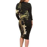 Black and Gold Hawaii Family Matching Long Sleeve Bodycon Dress and Hawaiian Shirt Hammerhead Shark Tattoo Curve Polynesian LT14 - Polynesian Pride