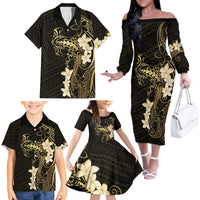 Black and Gold Hawaii Family Matching Off The Shoulder Long Sleeve Dress and Hawaiian Shirt Hammerhead Shark Tattoo Curve Polynesian LT14 - Polynesian Pride