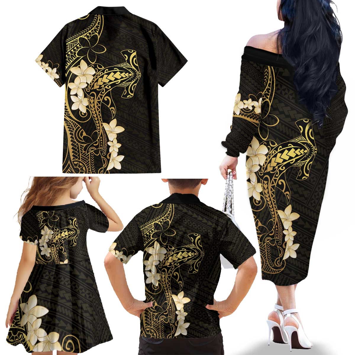 Black and Gold Hawaii Family Matching Off The Shoulder Long Sleeve Dress and Hawaiian Shirt Hammerhead Shark Tattoo Curve Polynesian LT14 - Polynesian Pride