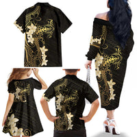 Black and Gold Hawaii Family Matching Off The Shoulder Long Sleeve Dress and Hawaiian Shirt Hammerhead Shark Tattoo Curve Polynesian LT14 - Polynesian Pride