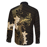 Black and Gold Hawaii Family Matching Off The Shoulder Long Sleeve Dress and Hawaiian Shirt Hammerhead Shark Tattoo Curve Polynesian LT14 - Polynesian Pride