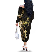 Black and Gold Hawaii Family Matching Off The Shoulder Long Sleeve Dress and Hawaiian Shirt Hammerhead Shark Tattoo Curve Polynesian LT14 - Polynesian Pride