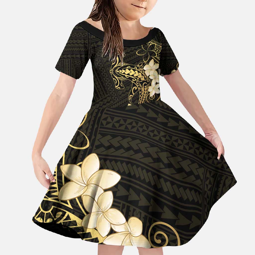 Black and Gold Hawaii Family Matching Off Shoulder Maxi Dress and Hawaiian Shirt Hammerhead Shark Tattoo Curve Polynesian LT14 Daughter's Dress Black - Polynesian Pride