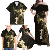 Black and Gold Hawaii Family Matching Off Shoulder Maxi Dress and Hawaiian Shirt Hammerhead Shark Tattoo Curve Polynesian LT14 - Polynesian Pride