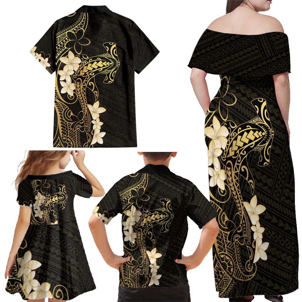 Black and Gold Hawaii Family Matching Off Shoulder Maxi Dress and Hawaiian Shirt Hammerhead Shark Tattoo Curve Polynesian LT14 - Polynesian Pride
