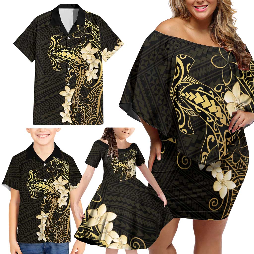 Black and Gold Hawaii Family Matching Off Shoulder Short Dress and Hawaiian Shirt Hammerhead Shark Tattoo Curve Polynesian LT14 - Polynesian Pride