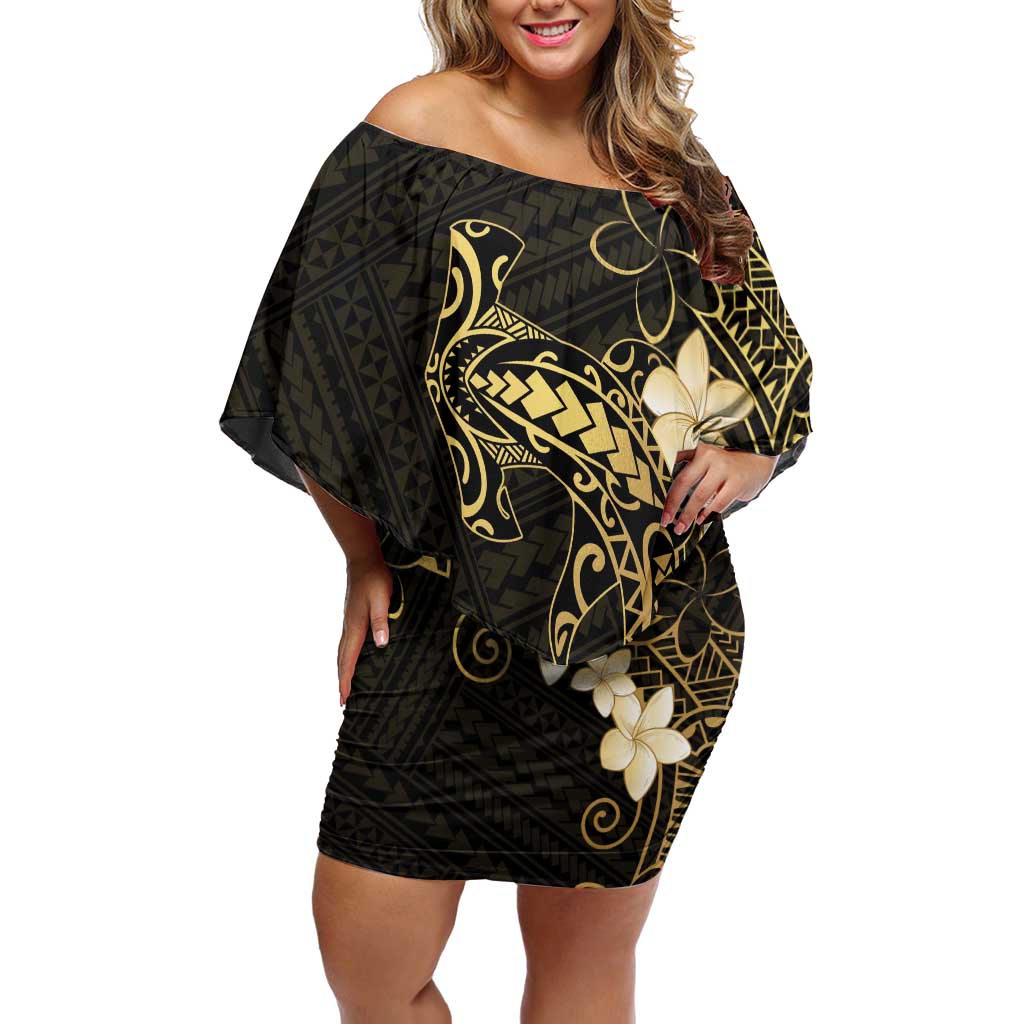 Black and Gold Hawaii Family Matching Off Shoulder Short Dress and Hawaiian Shirt Hammerhead Shark Tattoo Curve Polynesian LT14 Mom's Dress Black - Polynesian Pride
