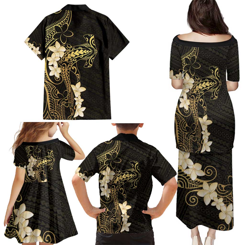 Black and Gold Hawaii Family Matching Puletasi and Hawaiian Shirt Hammerhead Shark Tattoo Curve Polynesian - Polynesian Pride