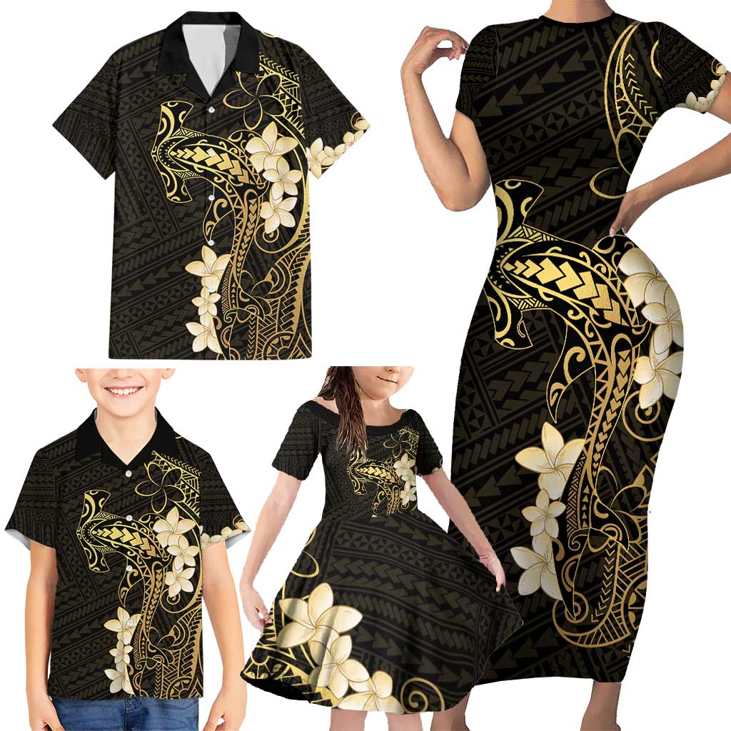 Black and Gold Hawaii Family Matching Short Sleeve Bodycon Dress and Hawaiian Shirt Hammerhead Shark Tattoo Curve Polynesian LT14 - Polynesian Pride