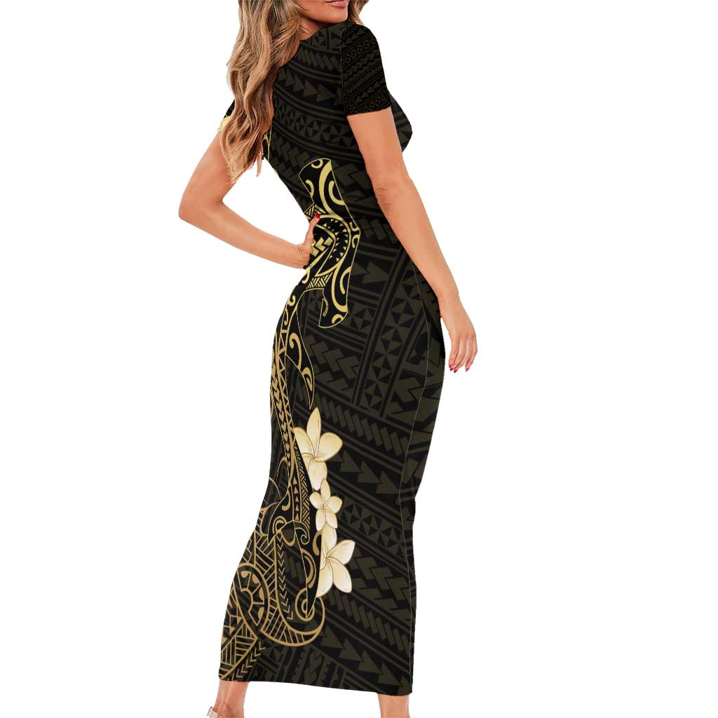 Black and Gold Hawaii Family Matching Short Sleeve Bodycon Dress and Hawaiian Shirt Hammerhead Shark Tattoo Curve Polynesian LT14 - Polynesian Pride