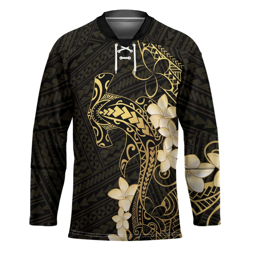 Black and Gold Hawaii Hockey Jersey Hammerhead Shark Tattoo Curve Polynesian - Polynesian Pride