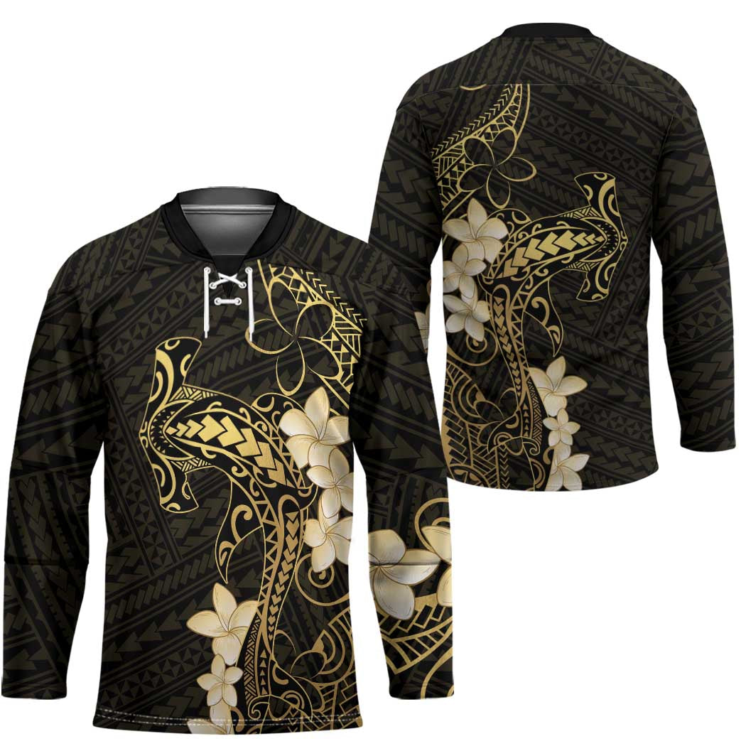 Black and Gold Hawaii Hockey Jersey Hammerhead Shark Tattoo Curve Polynesian - Polynesian Pride