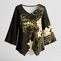 Black and Gold Hawaii Kimono Sleeve Blouse Hammerhead Shark Tattoo Curve Polynesian LT14 Female Black - Polynesian Pride