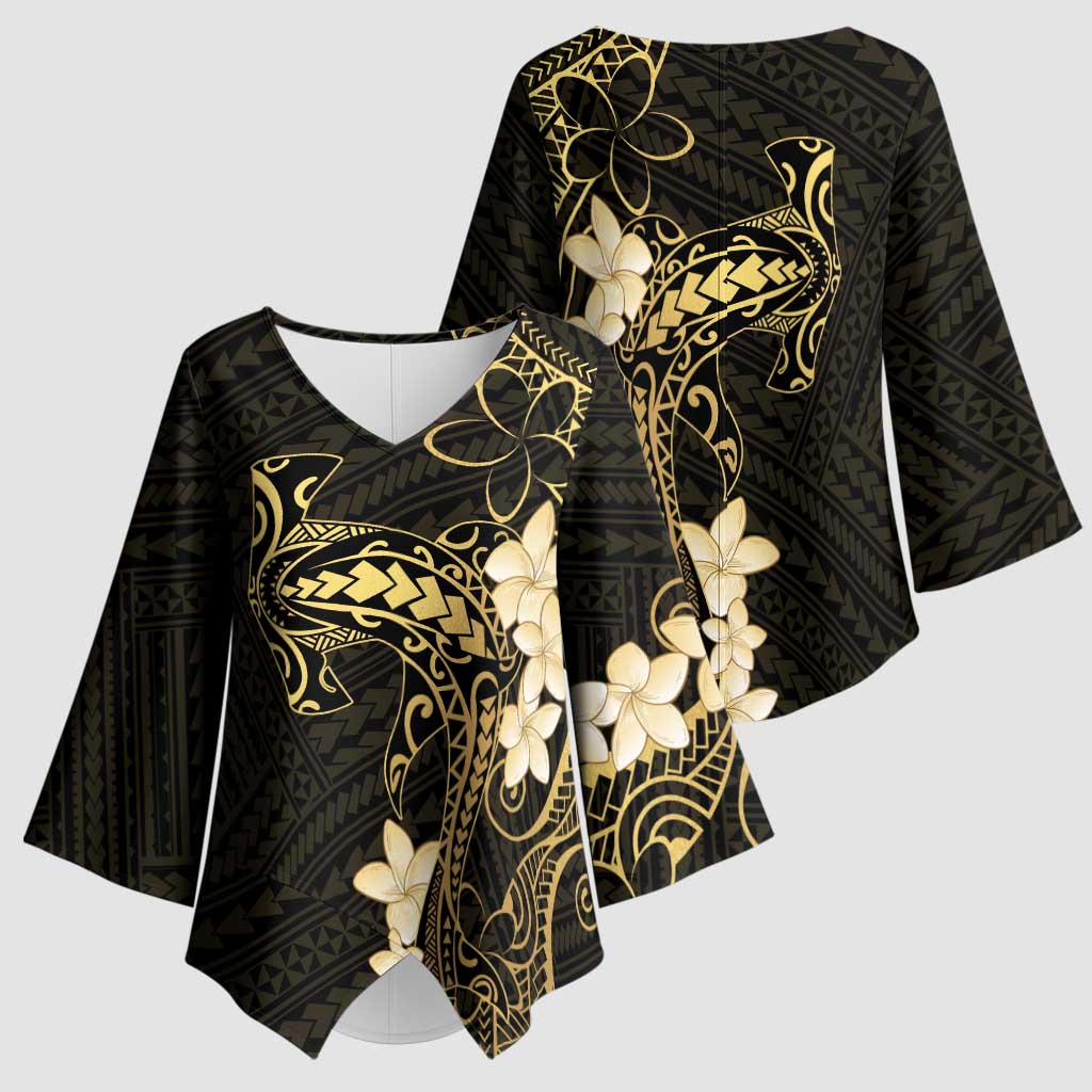 Black and Gold Hawaii Kimono Sleeve Blouse Hammerhead Shark Tattoo Curve Polynesian LT14 - Polynesian Pride