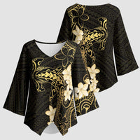 Black and Gold Hawaii Kimono Sleeve Blouse Hammerhead Shark Tattoo Curve Polynesian LT14 - Polynesian Pride