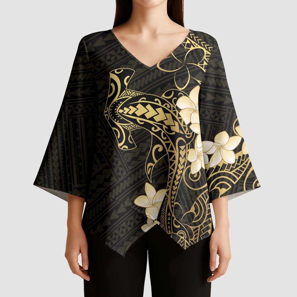 Black and Gold Hawaii Kimono Sleeve Blouse Hammerhead Shark Tattoo Curve Polynesian LT14 - Polynesian Pride