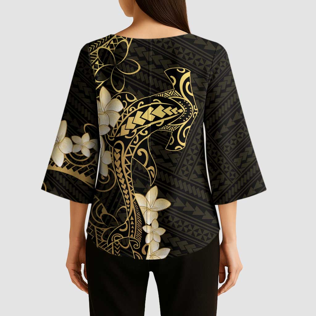 Black and Gold Hawaii Kimono Sleeve Blouse Hammerhead Shark Tattoo Curve Polynesian LT14 - Polynesian Pride