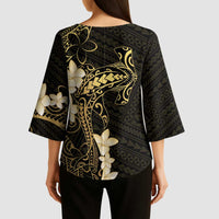 Black and Gold Hawaii Kimono Sleeve Blouse Hammerhead Shark Tattoo Curve Polynesian LT14 - Polynesian Pride