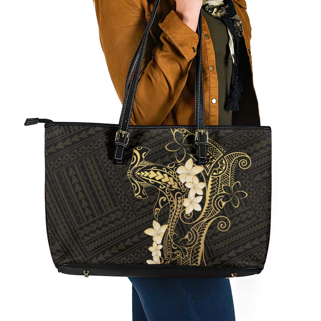 Black and Gold Hawaii Leather Tote Bag Hammerhead Shark Tattoo Curve Polynesian - Polynesian Pride