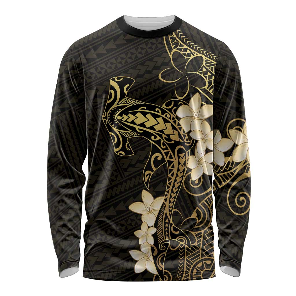 Black and Gold Hawaii Long Sleeve Shirt Hammerhead Shark Tattoo Curve Polynesian LT14 Unisex Black - Polynesian Pride