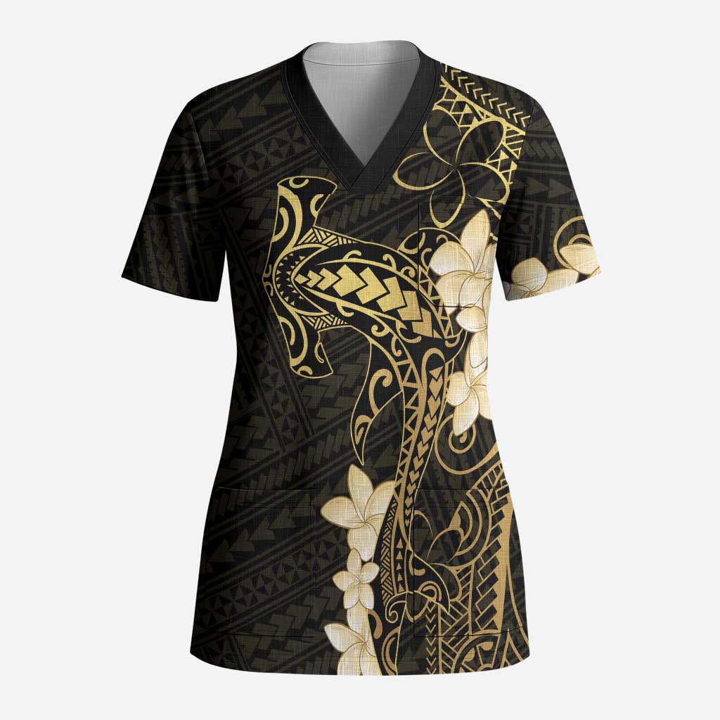 Black and Gold Hawaii Scrub Top Hammerhead Shark Tattoo Curve Polynesian - Polynesian Pride